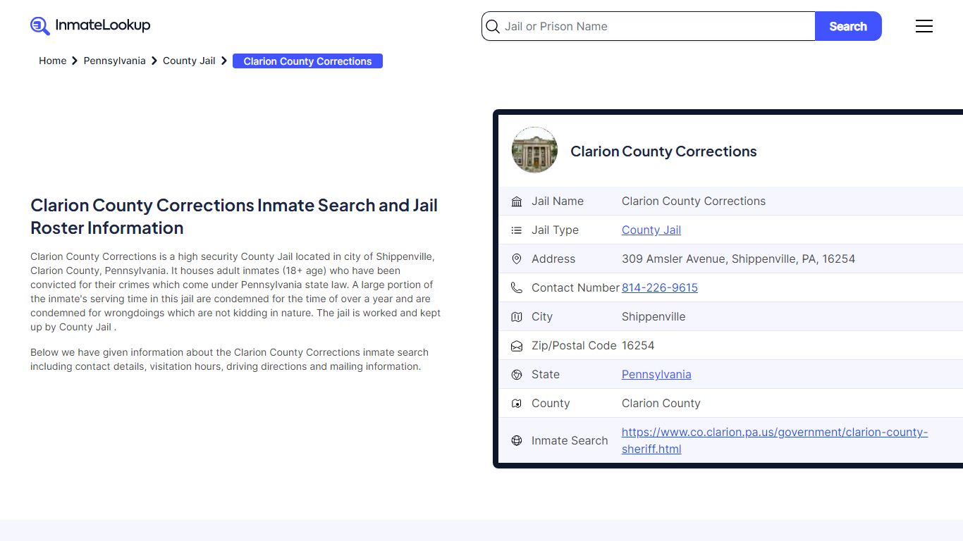 Clarion County Corrections Inmate Search - Inmate Lookup